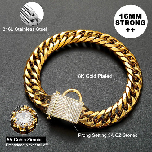 Gold Chain Dog Collar with Zirconia Locking - 18K Stainless Steel Heavy Duty Metal Puppy Bling Necklace (16mm, 14")