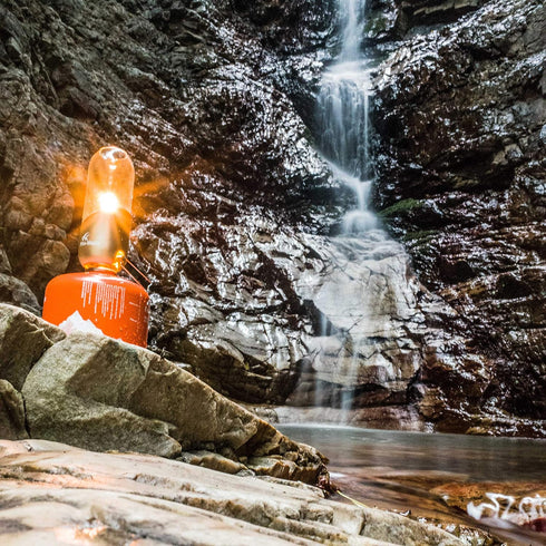 Fire-Maple Orange Camping Lantern, Glass & Steel, Propane or Isobutane Fuel Canister, No Mantles Needed