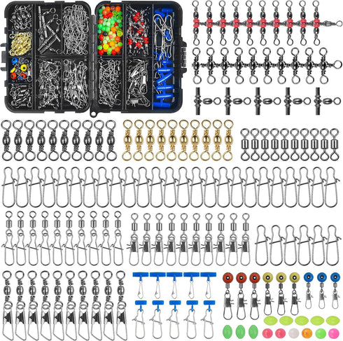 SILANON Fishing Tackle Kit with 174pcs Swivels, Sinker Slides, 3 Way Swivels, Duo Lock Snaps, Barrel Snap Swivels in