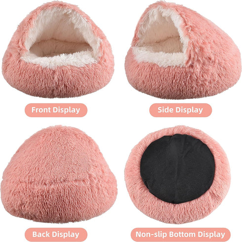 Round Plush Fluffy Cat Bed, Hooded Calming Cave for Dogs & Cats, Self Warming Bed with Non-Collapsed Cover, Machine