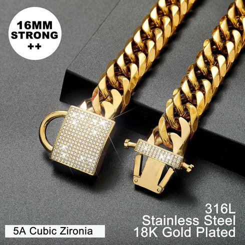Gold Chain Dog Collar with Zirconia Locking - 18K Stainless Steel Heavy Duty Metal Puppy Bling Necklace (16mm, 14")