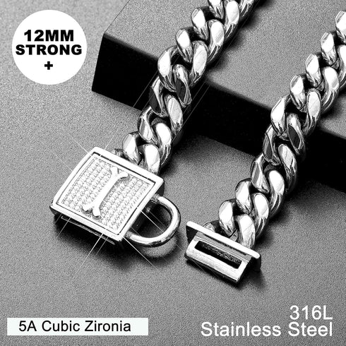 PRADOG Chain Dog Collar with Zirconia Locking 12mm High Polished Cuban Link Chain Metal Stainless Steel Luxury Dog