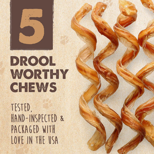 Mighty Paw Naturals Curly Bully Sticks for Dogs - Grass Fed Beef Chews, 6” Single Ingredient, 5 Pack