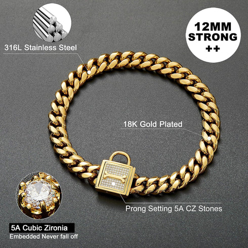 Chain Dog Collar with Zirconia Locking, 12mm 18K Gold Cuban Link Chain, Stainless Steel Luxury Dog Bling Necklace
