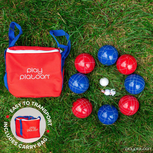 Play Platoon Bocce Ball Set, 84mm/90mm/100mm, 8 Premium Bocce Balls, Carry Bag & Measuring Rope