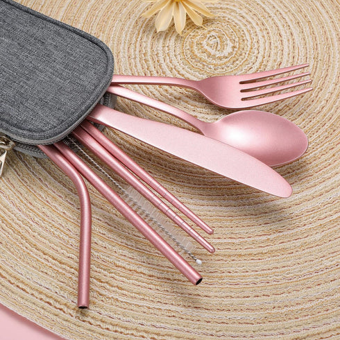 Portable Stainless Steel Flatware Set, Travel Camping Cutlery with Waterproof Case, Pink, Portable Utensil Dinnerware