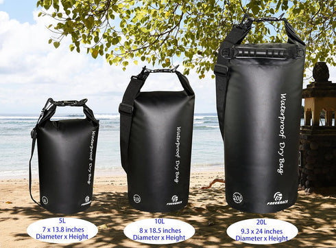 Waterproof Dry Bags Set of 3 with 2 Zip Lock Seals, Detachable Shoulder Strap, Waist Pouch & Phone Case - Black, 20L
