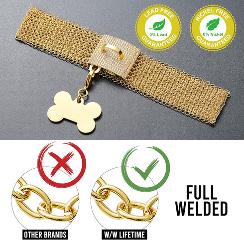 Dog Chain Collar Necklace 18K White Gold Plated Stainless Steel with Bling Bling CZ Design Secure Buckle (Gold, 14")