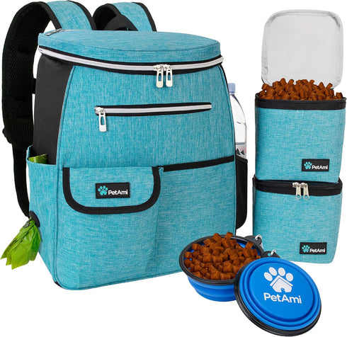 PetAmi Airline Approved Dog Travel Backpack - Teal Blue with Food Container and Collapsible Bowls