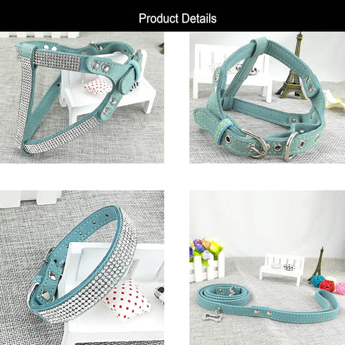Dog Collar & Harness & Lead Sets, Fashion Diamante Dog Collar with Comfortable Soft Harness and Leashes Set - Blue - S