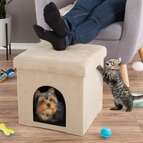 Pet House Ottoman - Collapsible Multipurpose Small Dog or Cat Bed Cube and Footrest with Cushion Top and Interior
