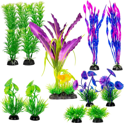 Fish Tank Decorations, Plastic Artificial Plant Set, 11 Pieces Medium/Large Flower Ornament for Freshwater & Saltwater