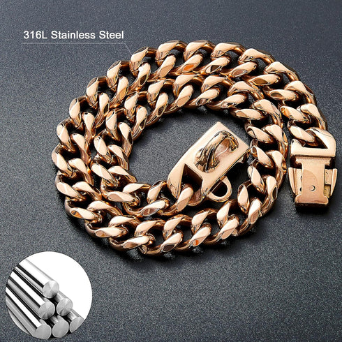 Rose Gold Chain Dog Collar, 19mm 18K Gold Cuban Link with Secure Snap Buckle for Large Pitbull (26")