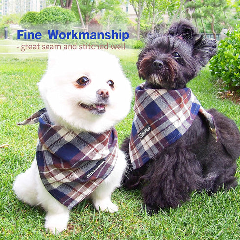 Soft Washable Plaid Bandanas for Dogs and Cats, Adjustable Triangle Bib Scarfs for Boy Girl Dogs (Brown&Blue)
