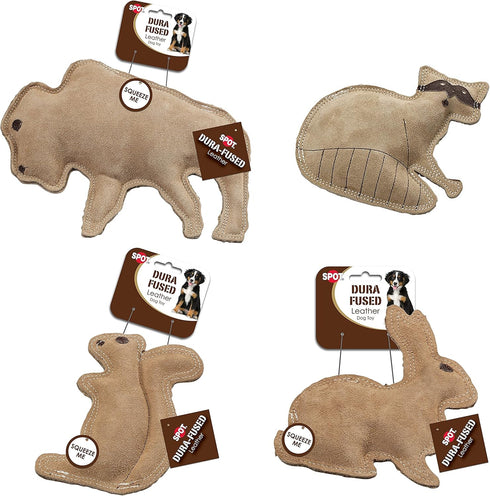Ethical Pet Dura-Fused Buffalo, Raccoon, Squirrel, and Rabbit Leather Dog Toys Bundle