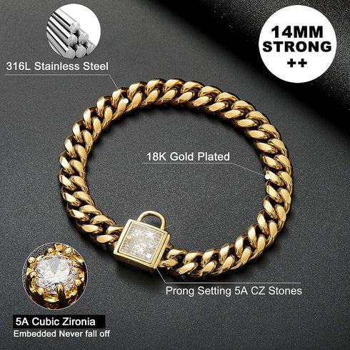 Gold Dog Collar with Zirconia Buckle, Cuban Link Chain Bling Collar for Small Medium Large Dogs