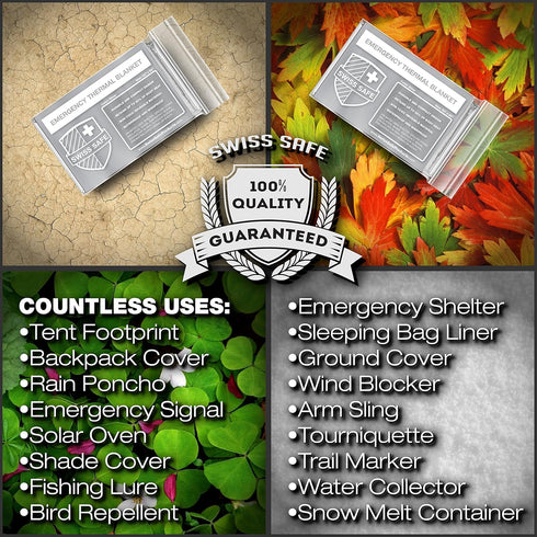 Swiss Safe Emergency Mylar Thermal Blankets + Bonus Space Blanket - Compact & Insulated for Cold Weather, Outdoor
