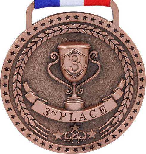 Gold Silver Bronze Medals for 1st 2nd 3rd Place Trophy Awards, Bright or Antique Finish with Attached Ribbon