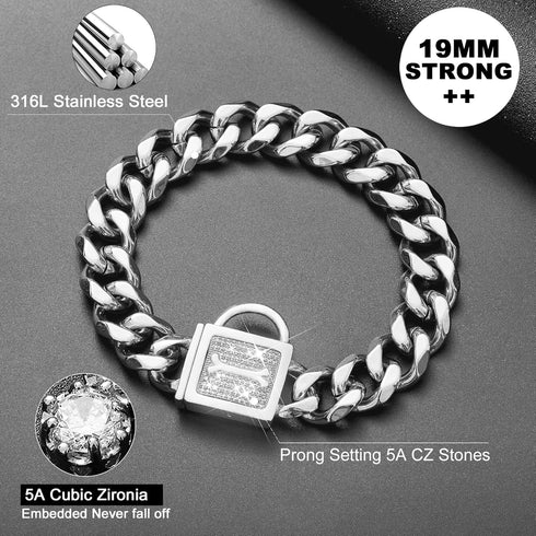 Dog Collar with Zirconia Locking 19MM Hand Polished Stainless Steel Metal Puppy Collar for Small Medium Dogs