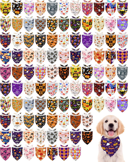 PET SHOW 100 Pack Halloween Small Dog Bandanas Bulk No Seam Pumpkin