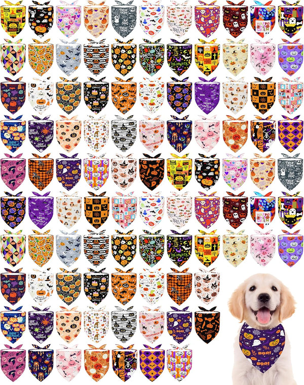 PET SHOW 100 Pack Halloween Small Dog Bandanas Bulk No Seam Pumpkin