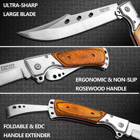 MADSABRE Tactical Folding Knife with Sheath, 12.7-in Long Blade, Rosewood Handle, Outdoor Pocket EDC Hunting Tool